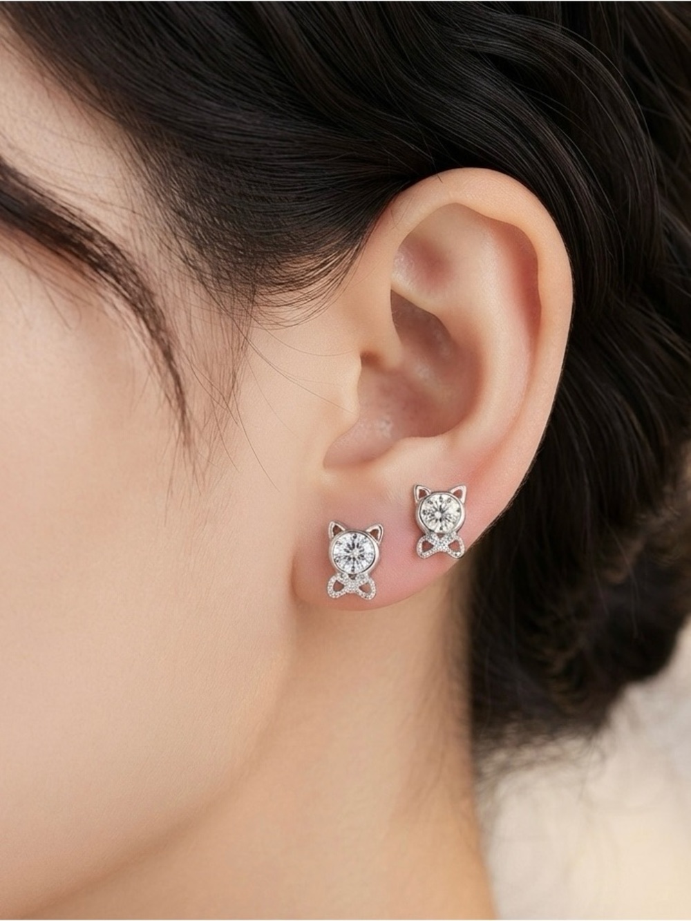 White Cat Stud Earrings - Crystal Cat Ear Posts